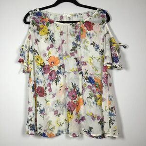 Sheer coverup cold shoulder with tie up bright flowers floaty beachy hippie XL